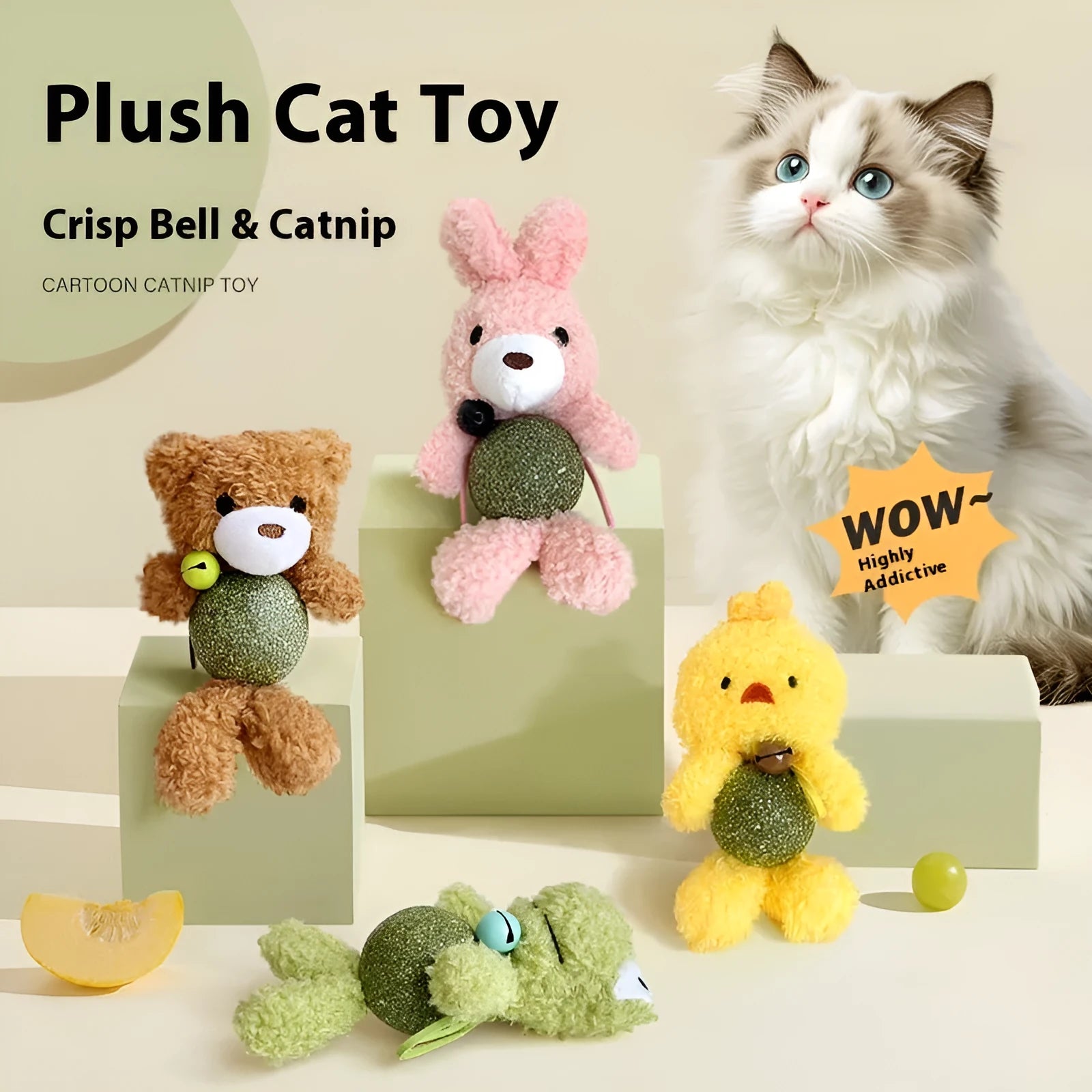 Plush catnip ball toy with creative animal doll design measuring 15cm height