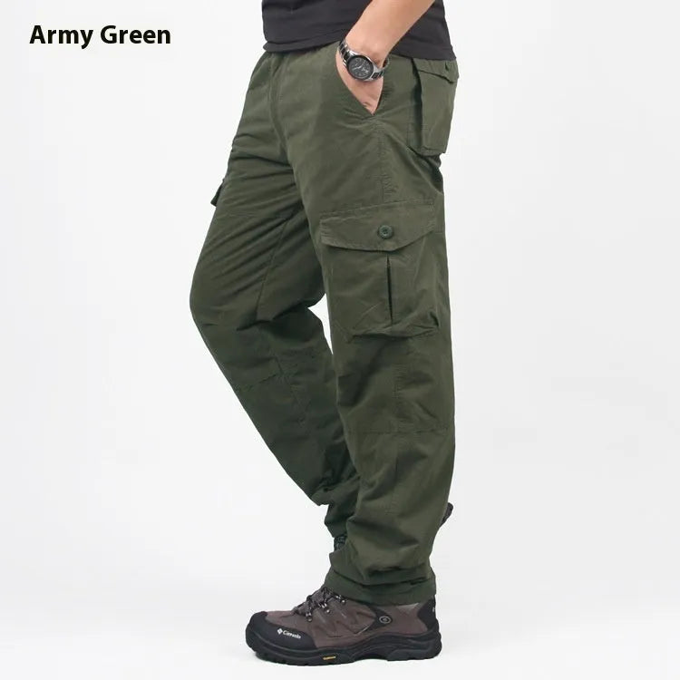 Men's thick velvet overalls with wool lining in khaki colour, showing straight leg and loose fit construction
