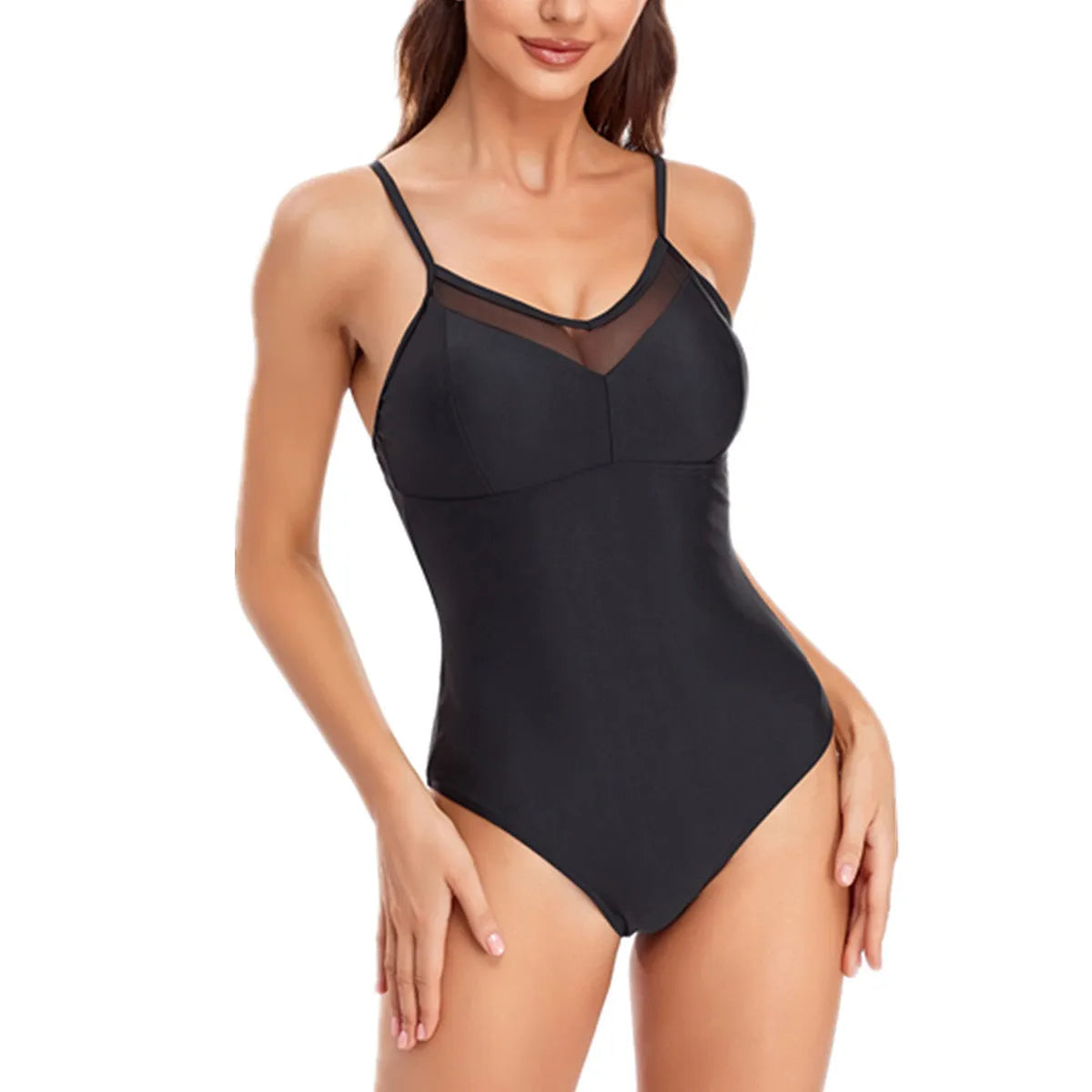 Women's black backless one-piece swimsuit with mesh panel detail.