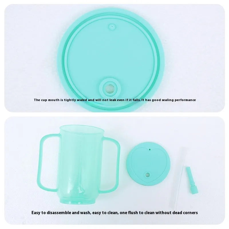 Oblique mouth anti-choke drinking cup for elderly adults with handle, lid, and optional wrist splint.