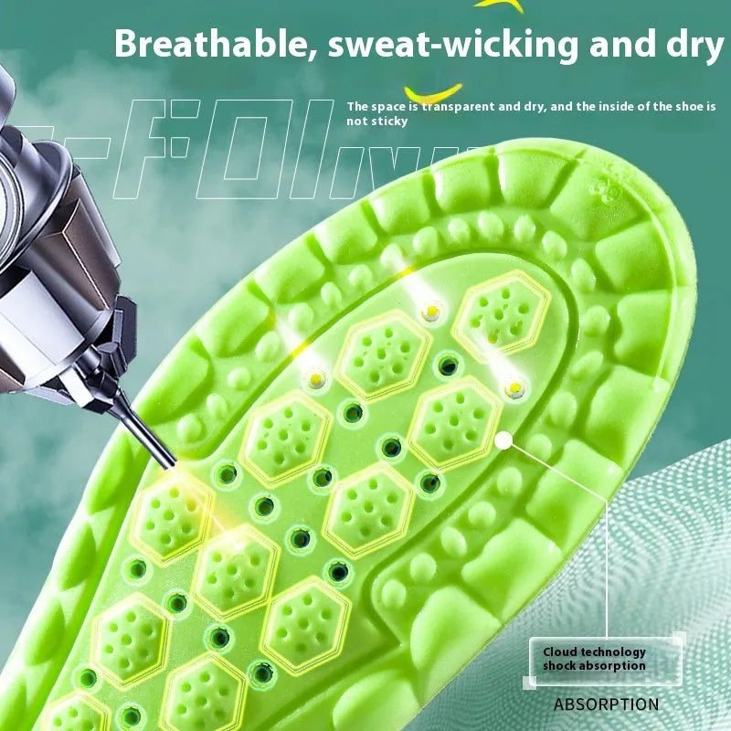 Green PU air cushion sports insoles for shock absorption, showing size scale.