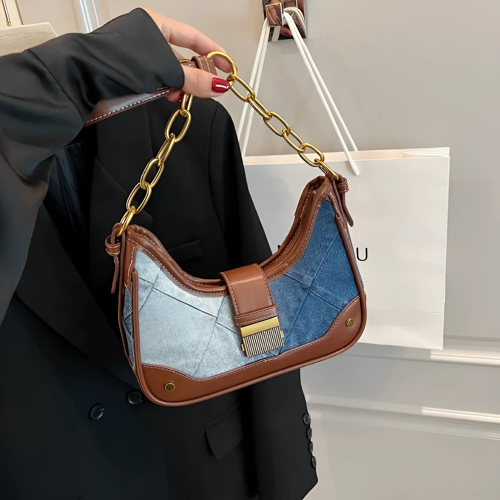 Brown denim women's shoulder bag with diamond mesh detail and double chain shoulder straps