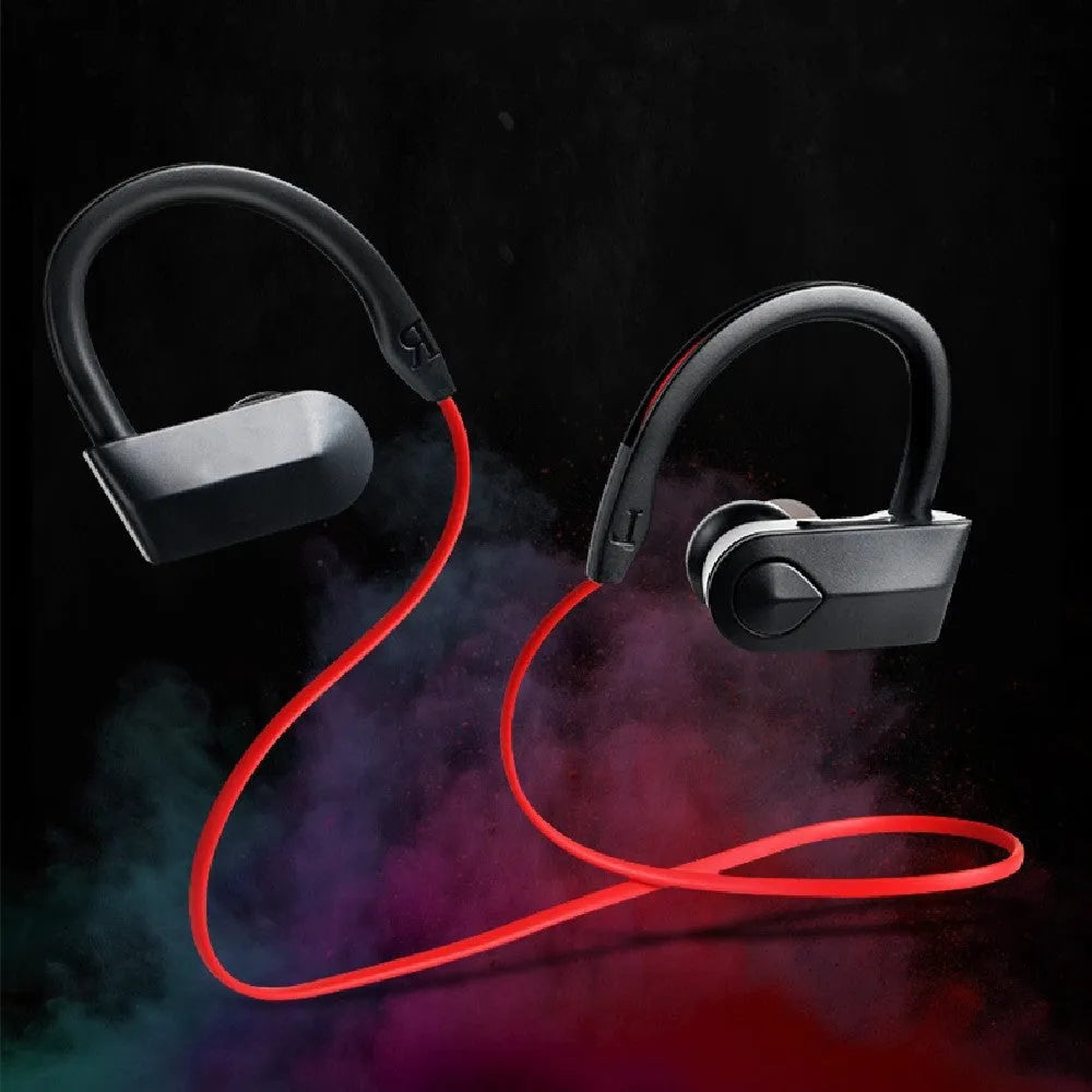 Wireless neckband Bluetooth earphones in black, blue and red colours showing neckband design