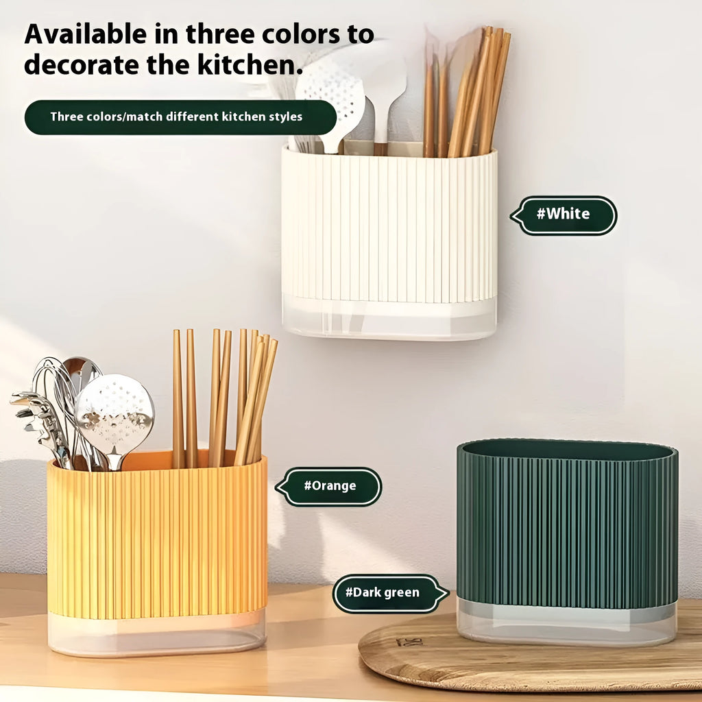 Plastic wall-hanging chopsticks holder tube in kitchen with utensils