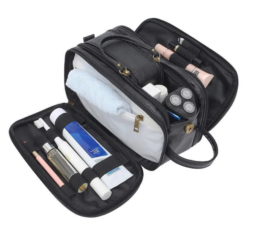 Men's black PU leather toiletry bag with zip closure for travel grooming storage