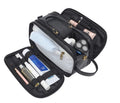 Men's black PU leather toiletry bag with zip closure for travel grooming storage