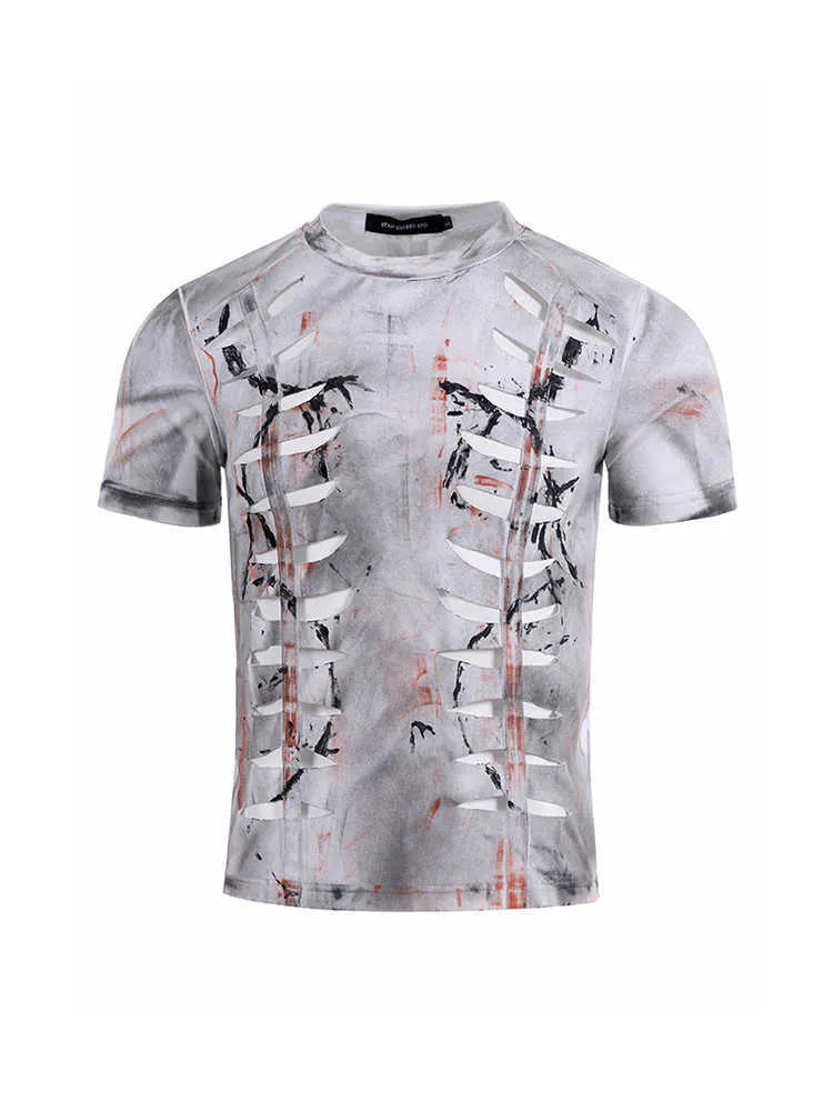 White men's cotton t-shirt with hollow-out cut detailing and short sleeves