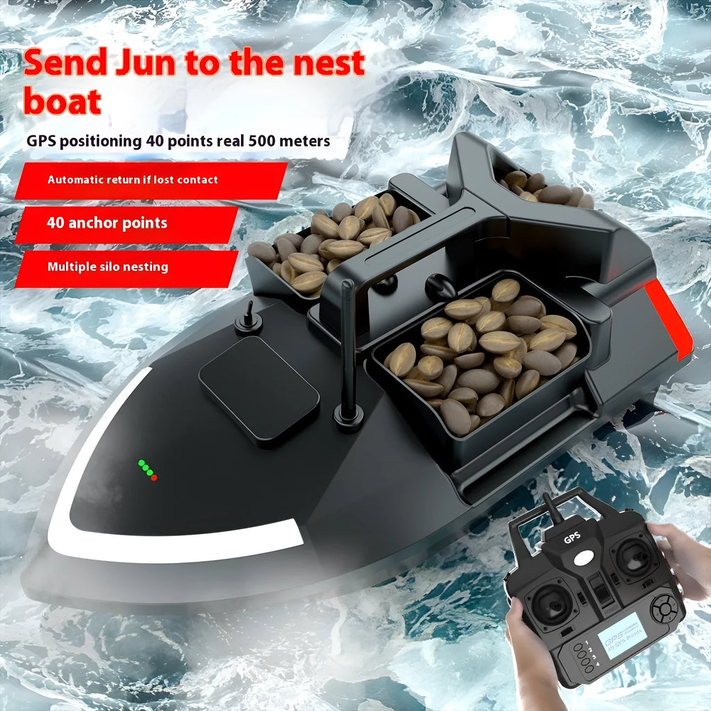V020 GPS remote control fishing boat with LED lights shown on water