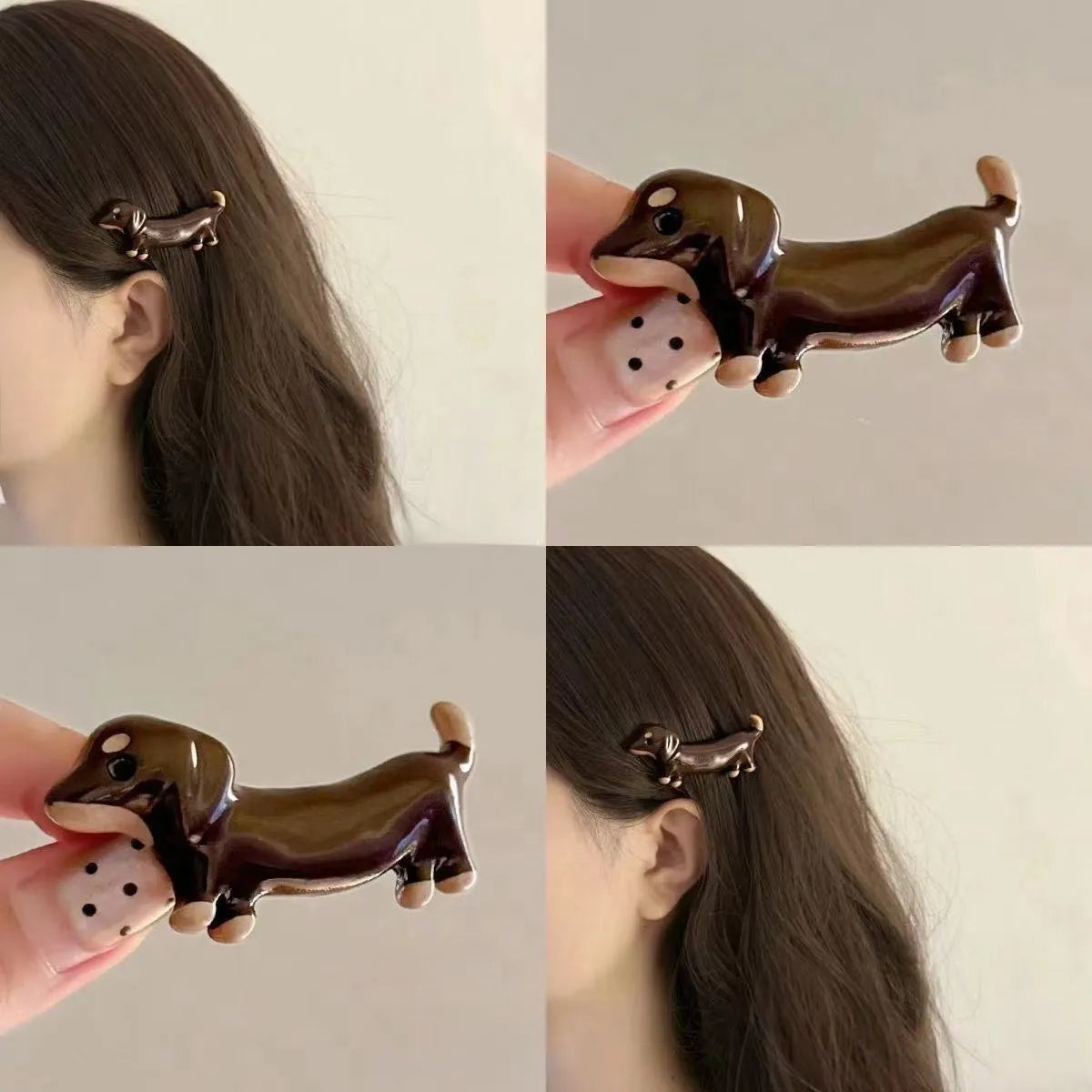 Cute dachshund dog design hair barrettes with an electroplated metallic finish.