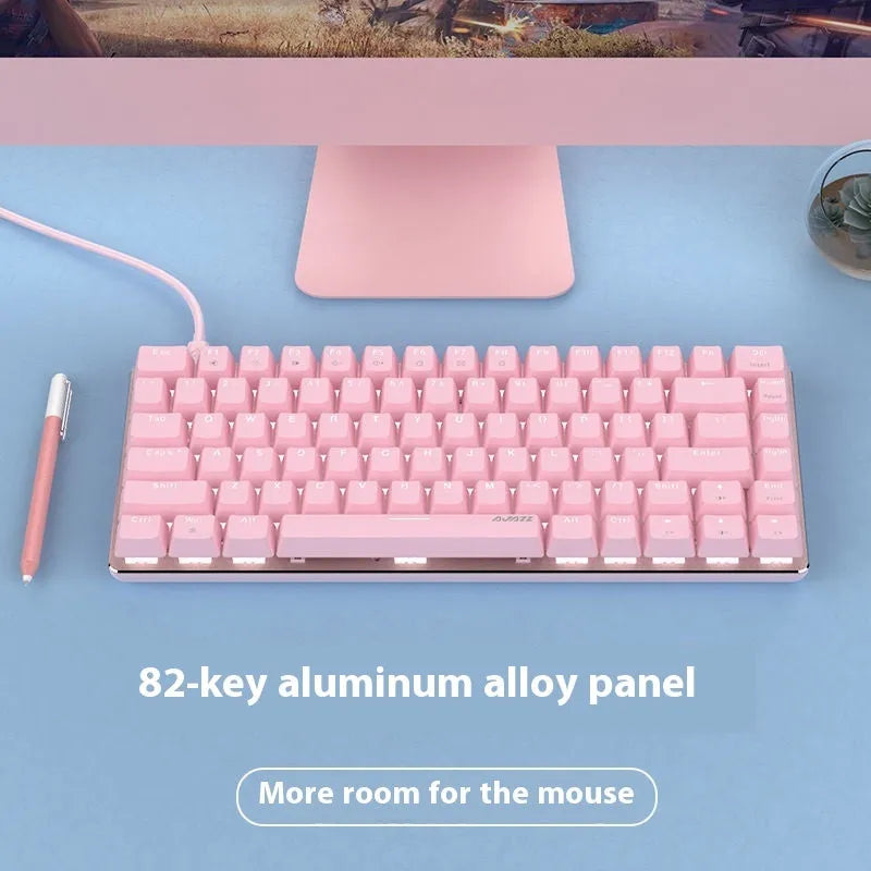 Pink mechanical gaming keyboard with 82 keys, white backlight illumination, and metal case