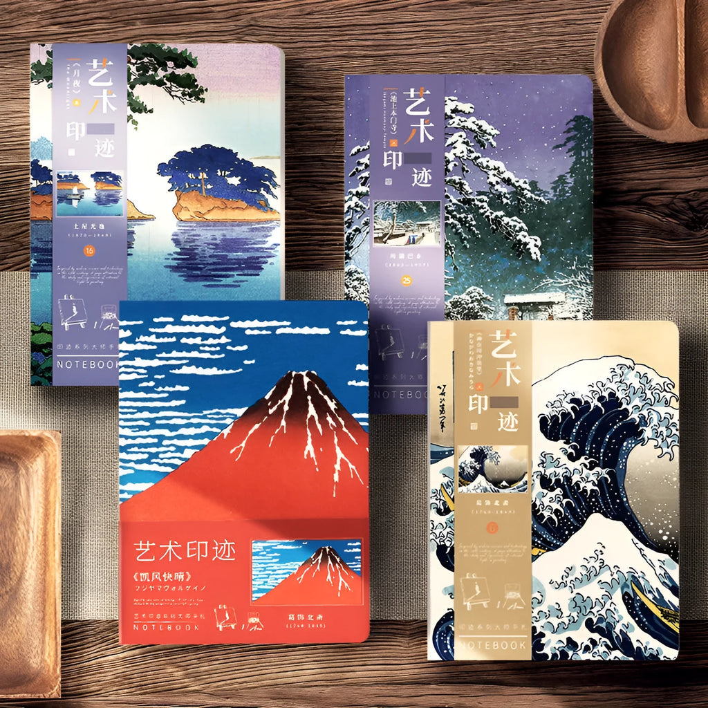 Ukiyo-e series hand ledger notebook with Japanese woodblock print cover, open on a table.