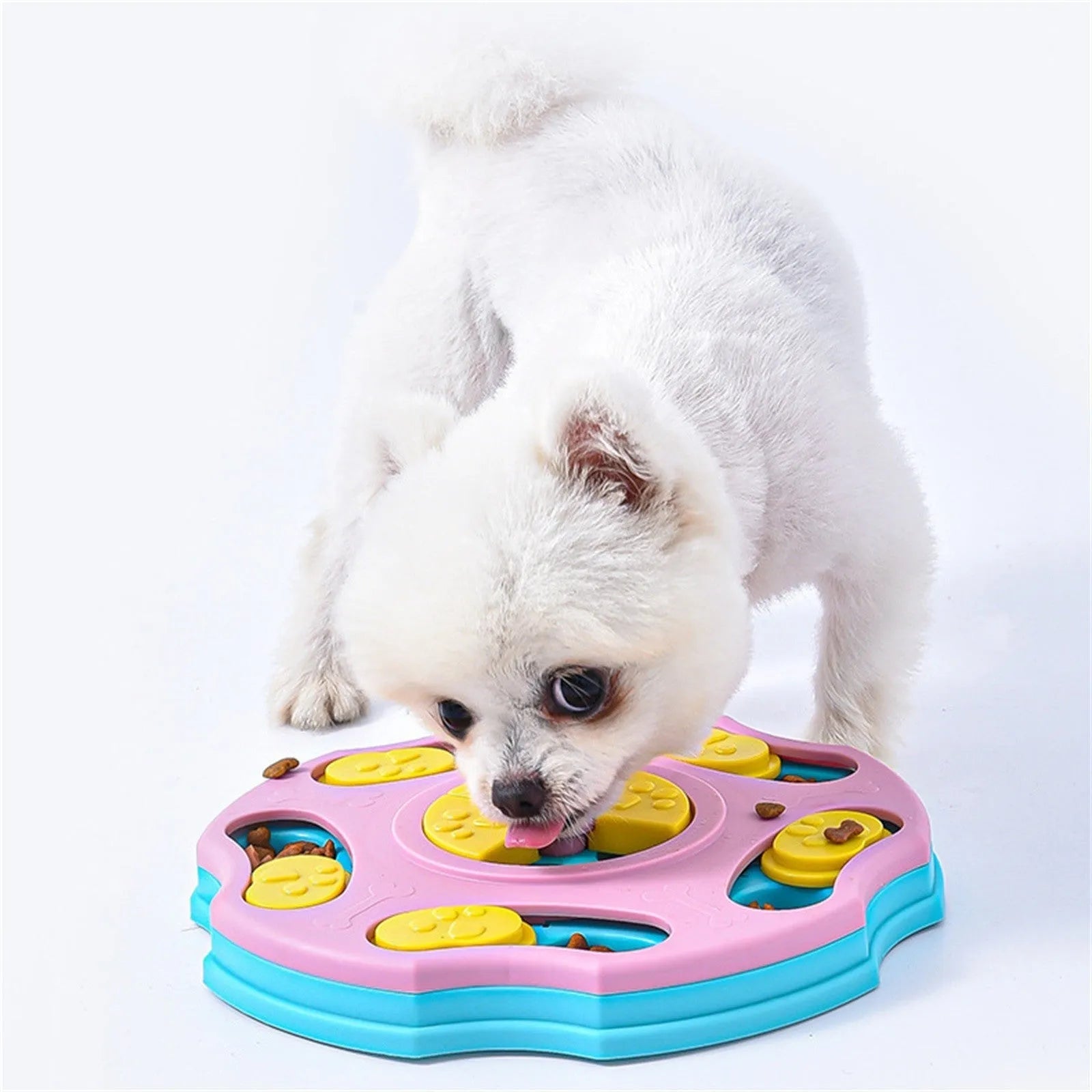 Blue and pink interactive dog puzzle food bowl for aggressive chewers with treat-dispensing games