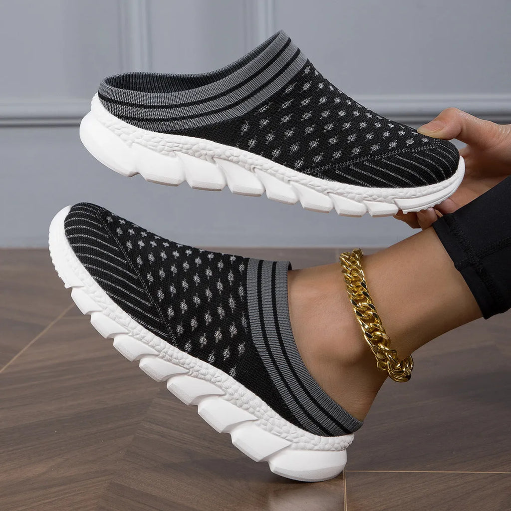 Women's striped Flyknit slipper shoes with hollowed-out pattern in black, pink, and purple colours