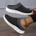 Women's striped Flyknit slipper shoes with hollowed-out pattern in black, pink, and purple colours