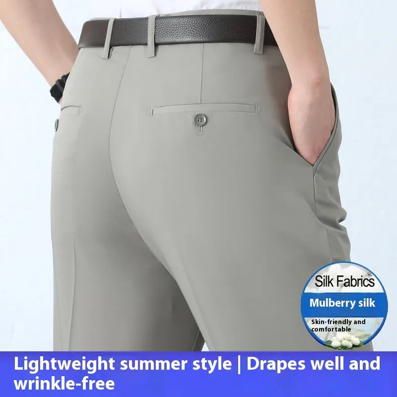 Men's non-iron mulberry silk blend business trousers in straight leg cut with high waist