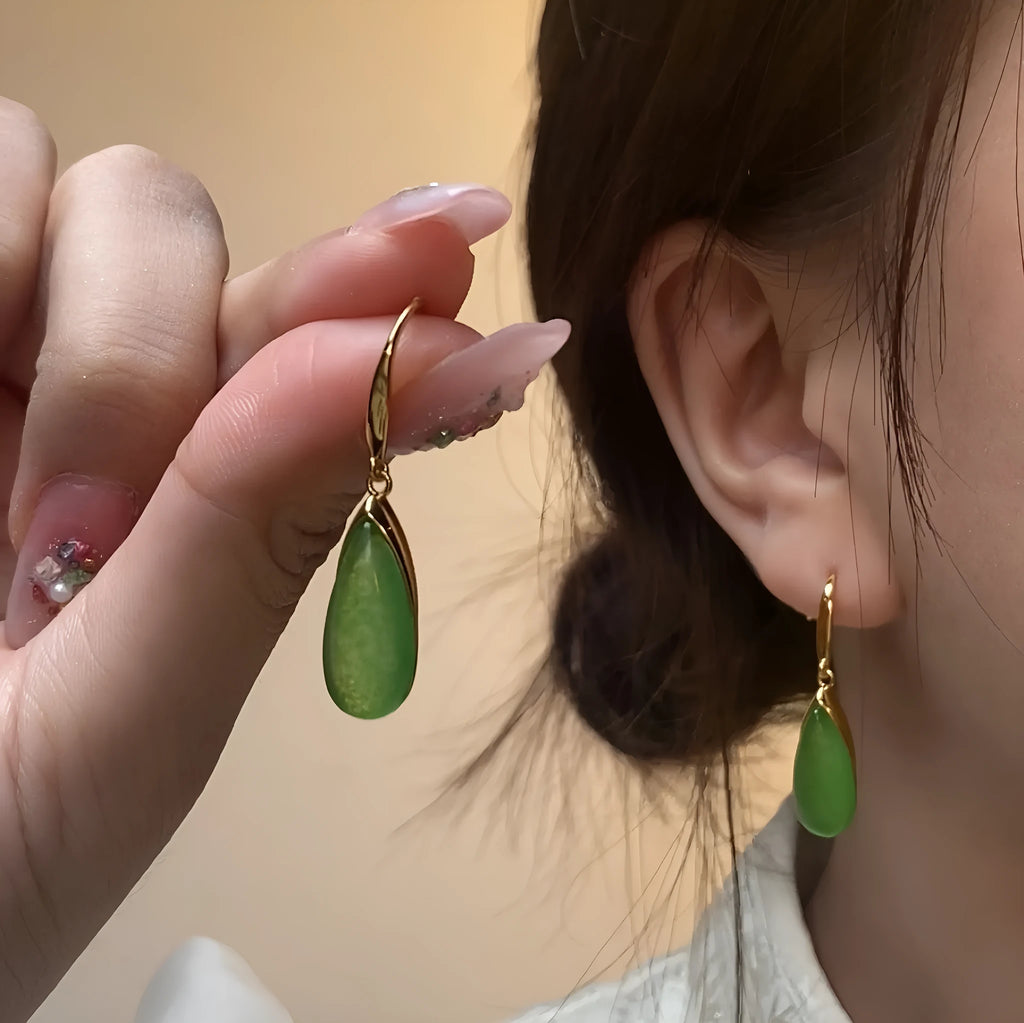 Geometric copper earrings with water droplet design and electroplated jade finish in Chinese style