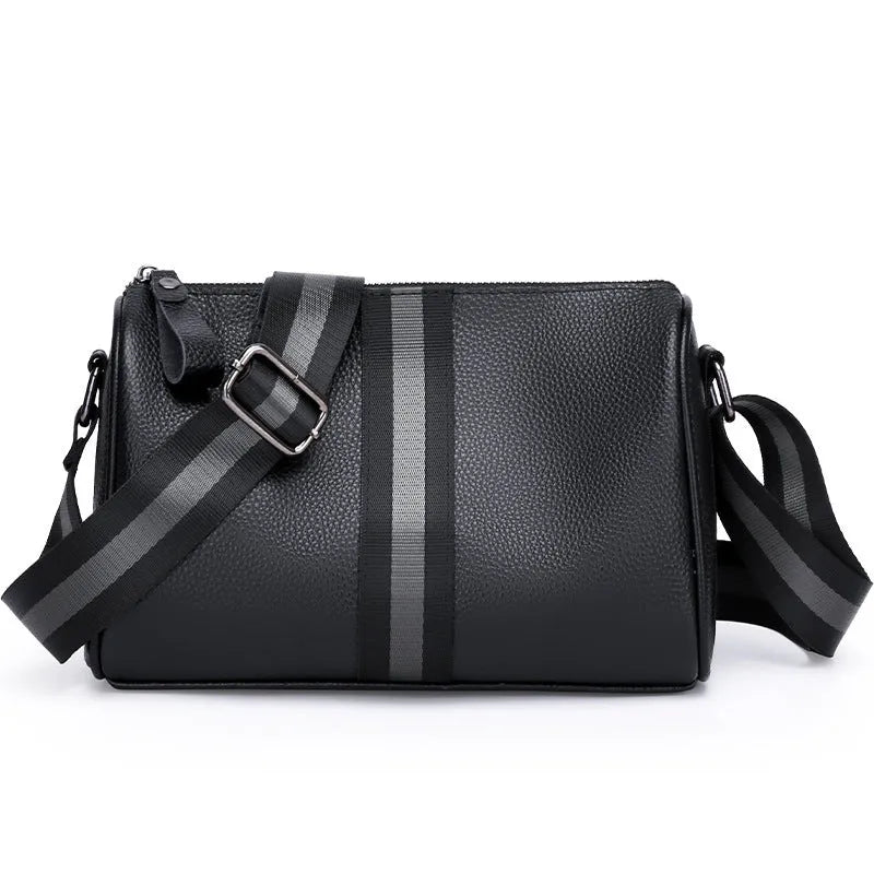 Black genuine leather one-shoulder crossbody bag with large capacity dimensions