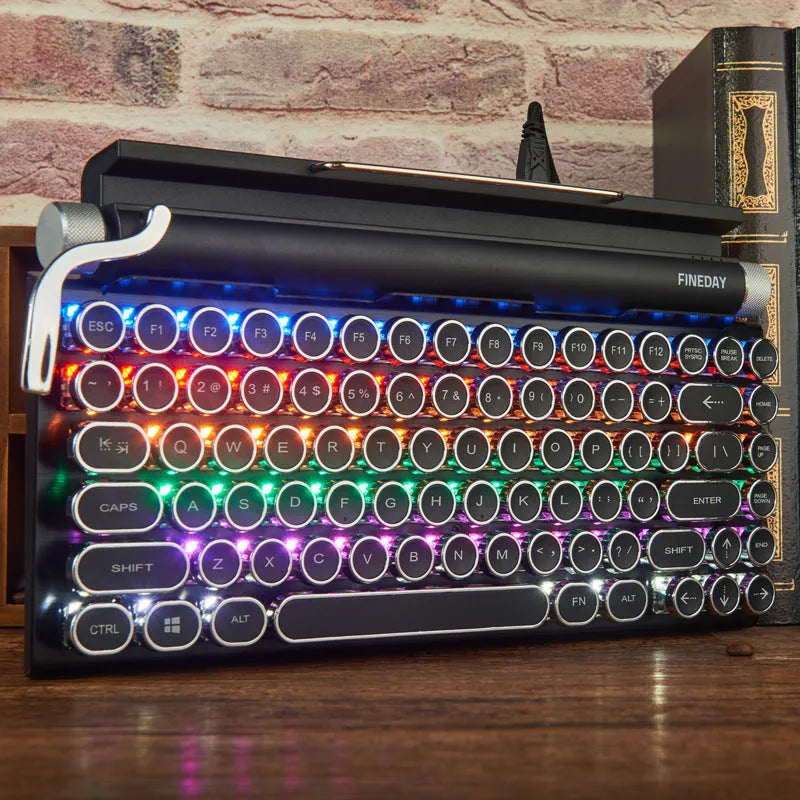 Black Dot retro mechanical keyboard with colourful backlit keys on a desk
