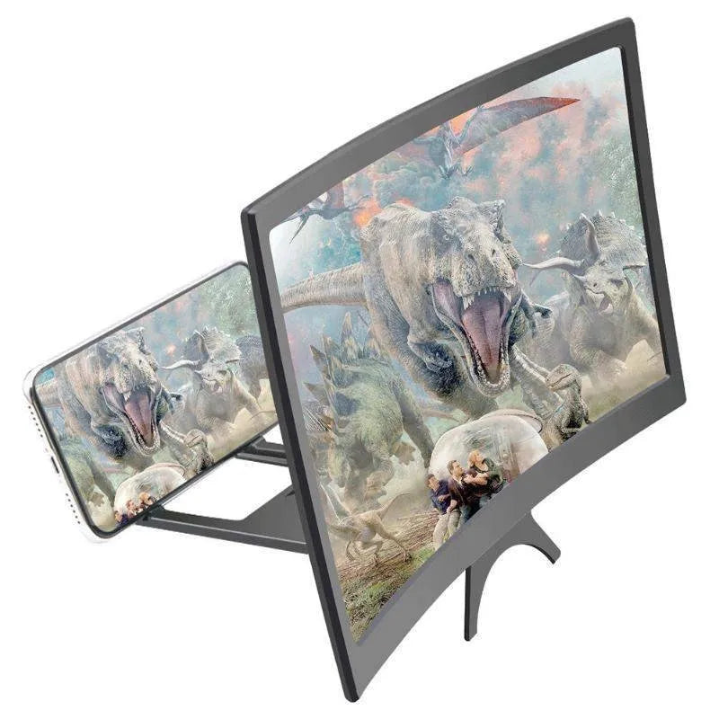 12 inch black ABS mobile screen magnifier with HD acrylic lens on a desk, showing a phone held in anti-slip slot
