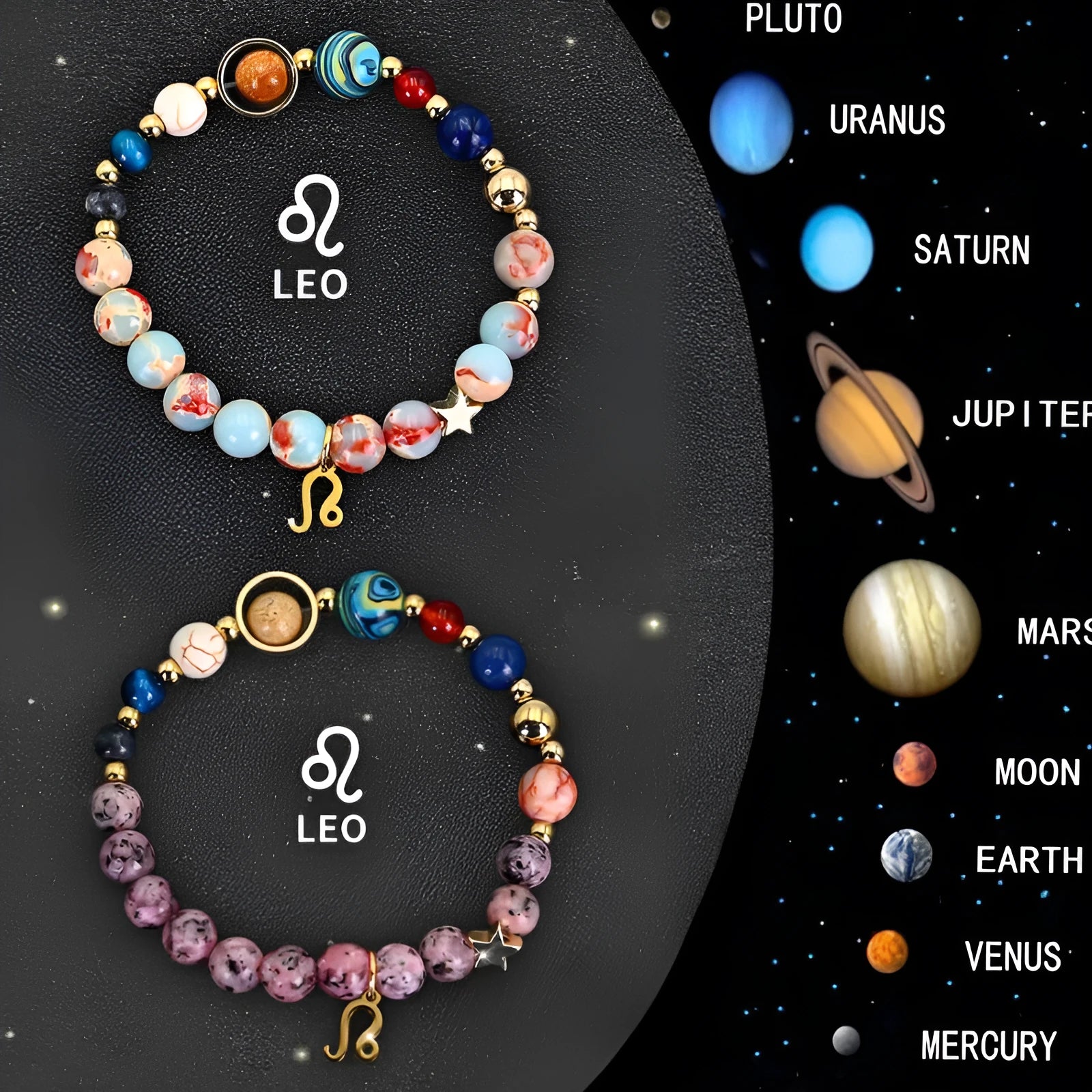 Two natural stone beaded bracelets with zodiac designs on a flat surface