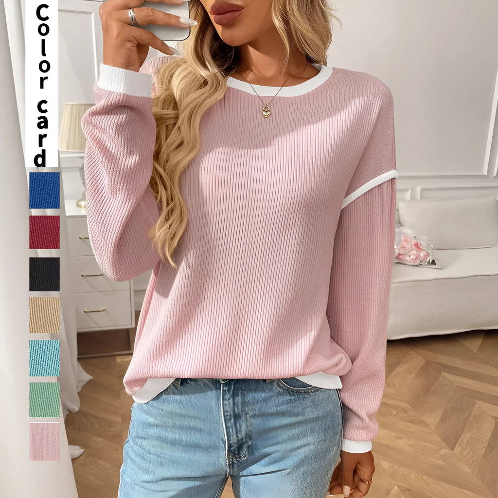 Women's loose round neck long sleeve polyester pullover top in multiple colour options