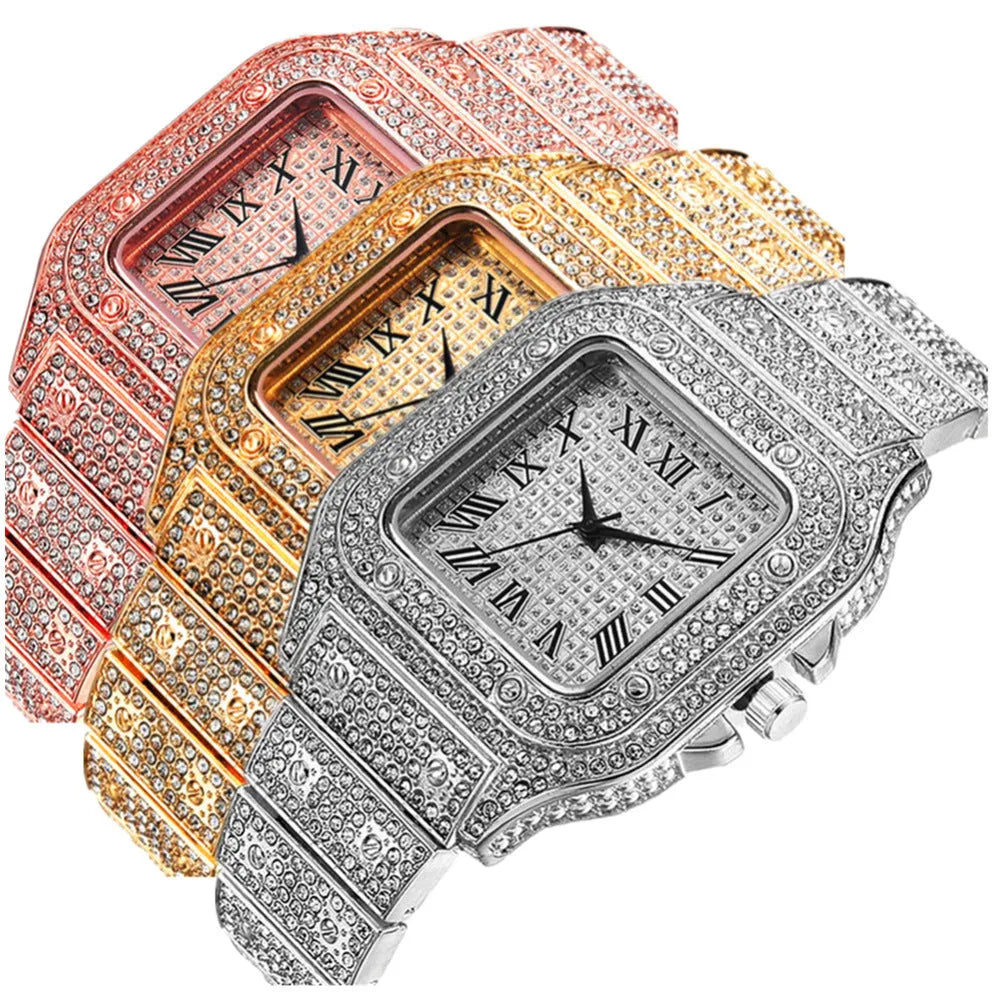 Roman numeral quartz watch with square diamond-studded dial and black mesh band with matching bracelet and necklace