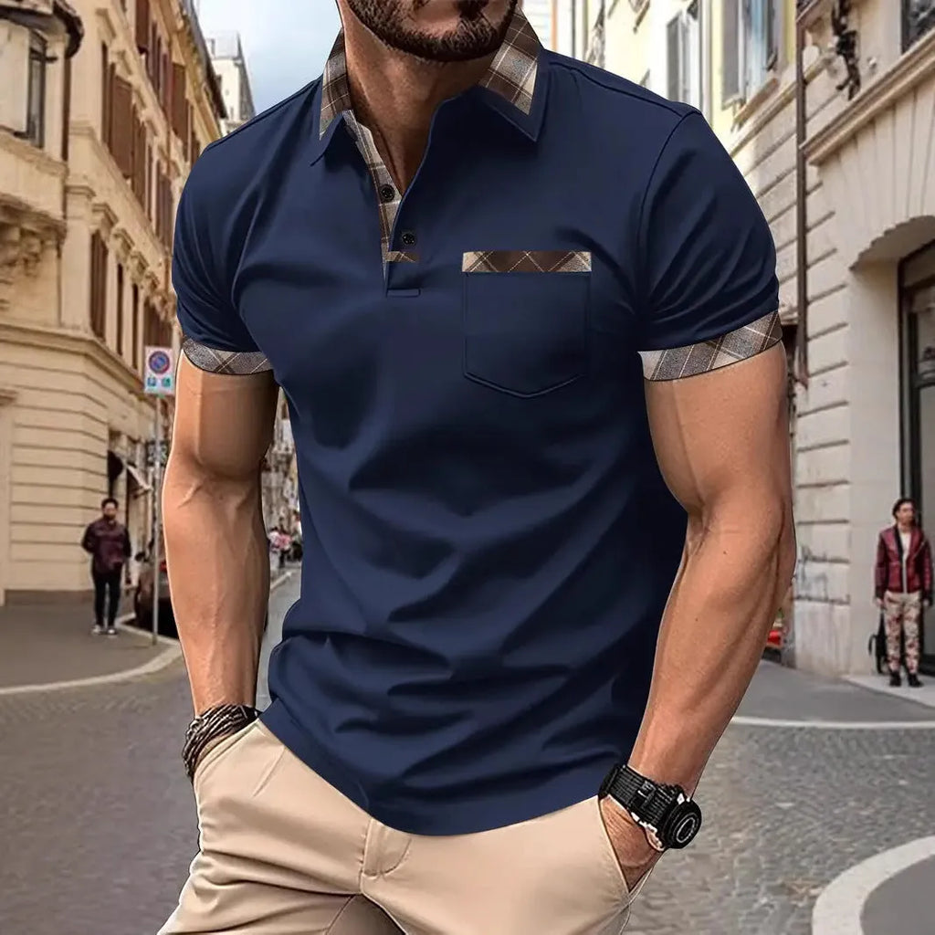 Men's loose fit plaid t-shirt with colourblock design and zipper decoration details