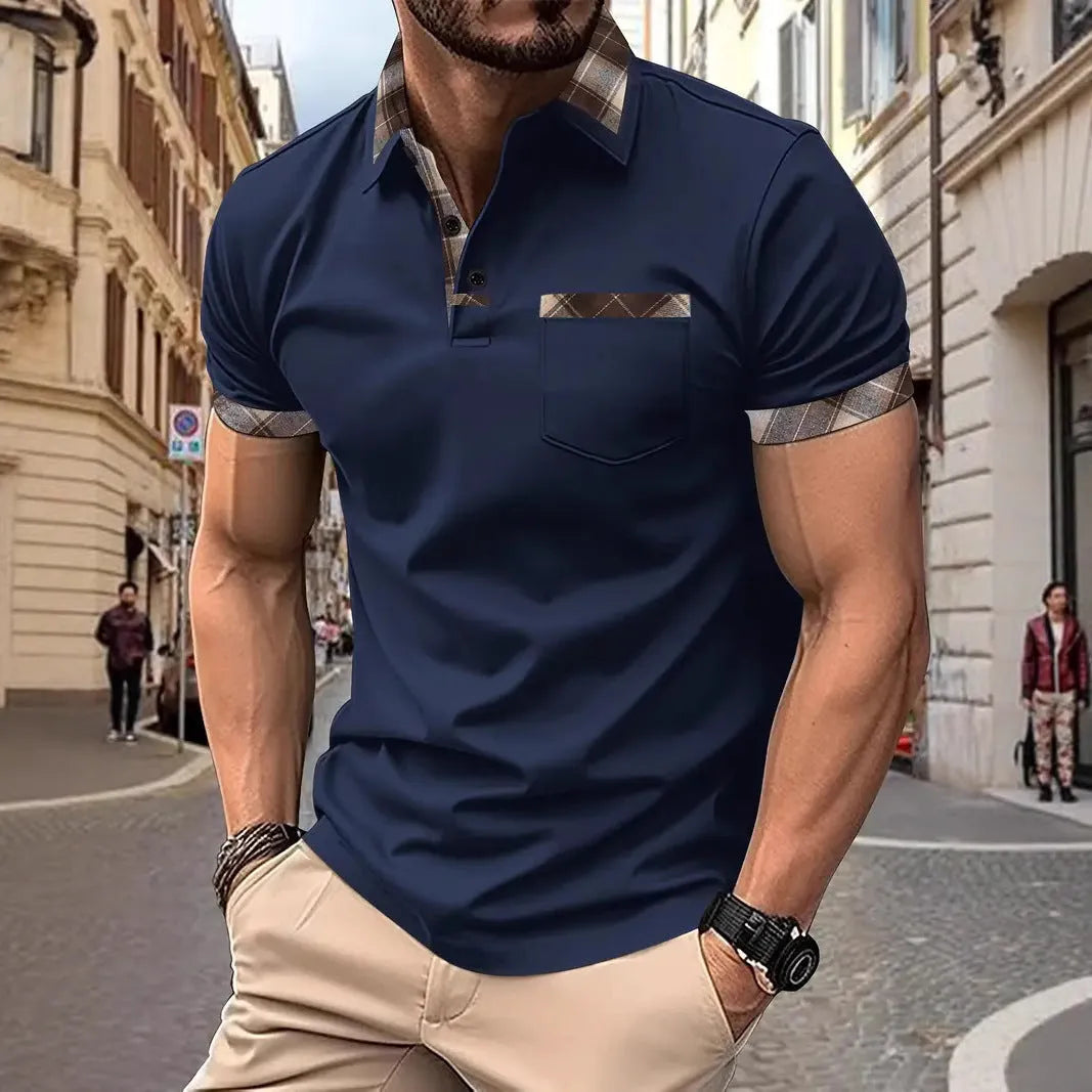 Men's loose fit plaid t-shirt with colourblock design and zipper decoration details