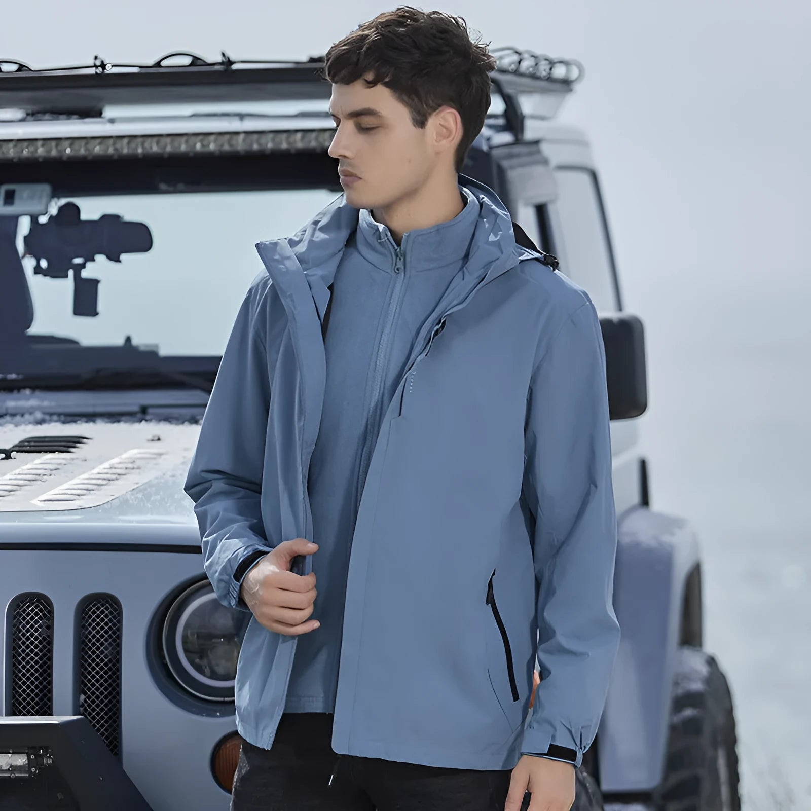 Man's black three-in-one removable waterproof mountaineering suit for hiking and skiing.
