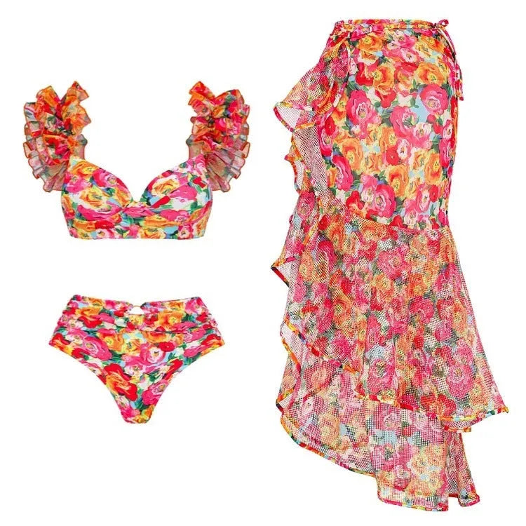 Women's floral print high-waisted push-up bikini set with separate skirt on a white background.