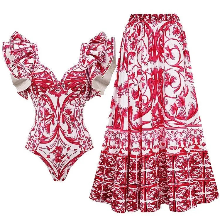 Women's printed polyester one-piece swimsuit with lining in rose pink colour