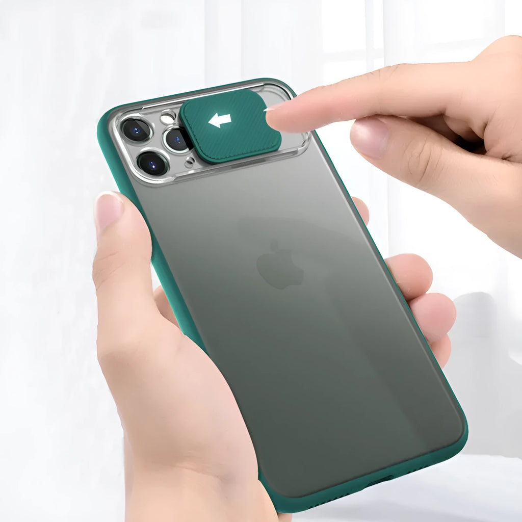 Lens sliding iPhone case in colour contrast design for multiple models, showing black, green, pink, purple, and red options.