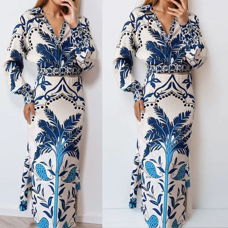 Women's flower print early spring casual set with long sleeve top and matching skirt in picture colour