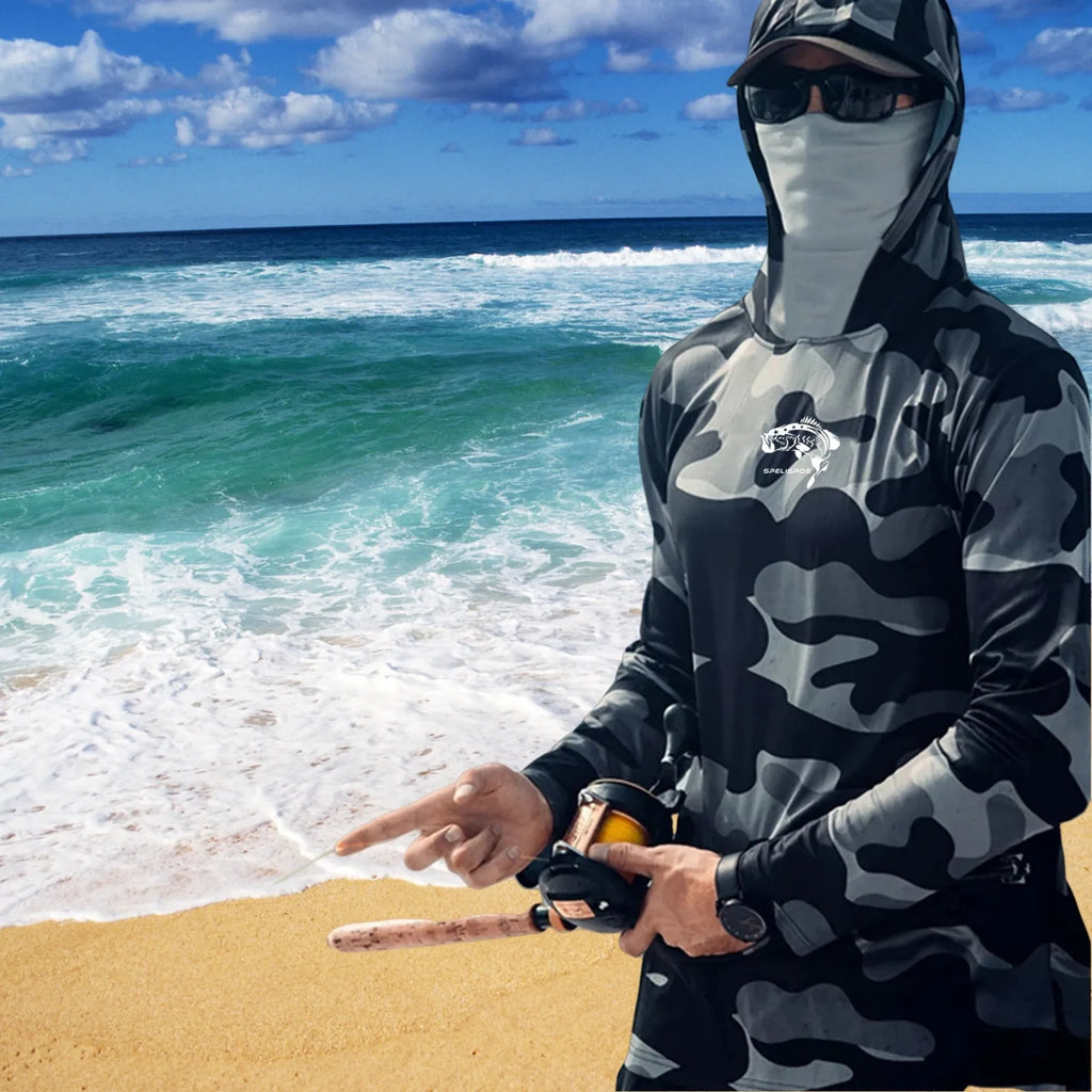 Men's grey long sleeve fishing hoodie shirt with integrated face mask and mesh side panels.