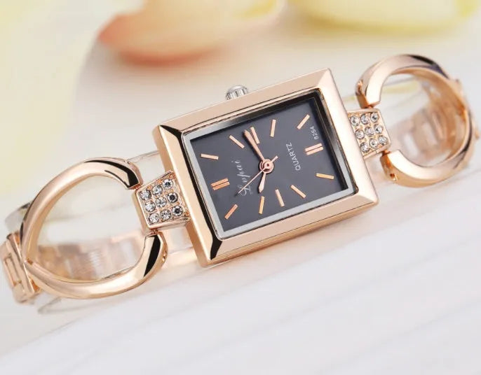 Women bracelet quartz wristwatch round dial silicone strap alloy case pin buckle silver rose gold