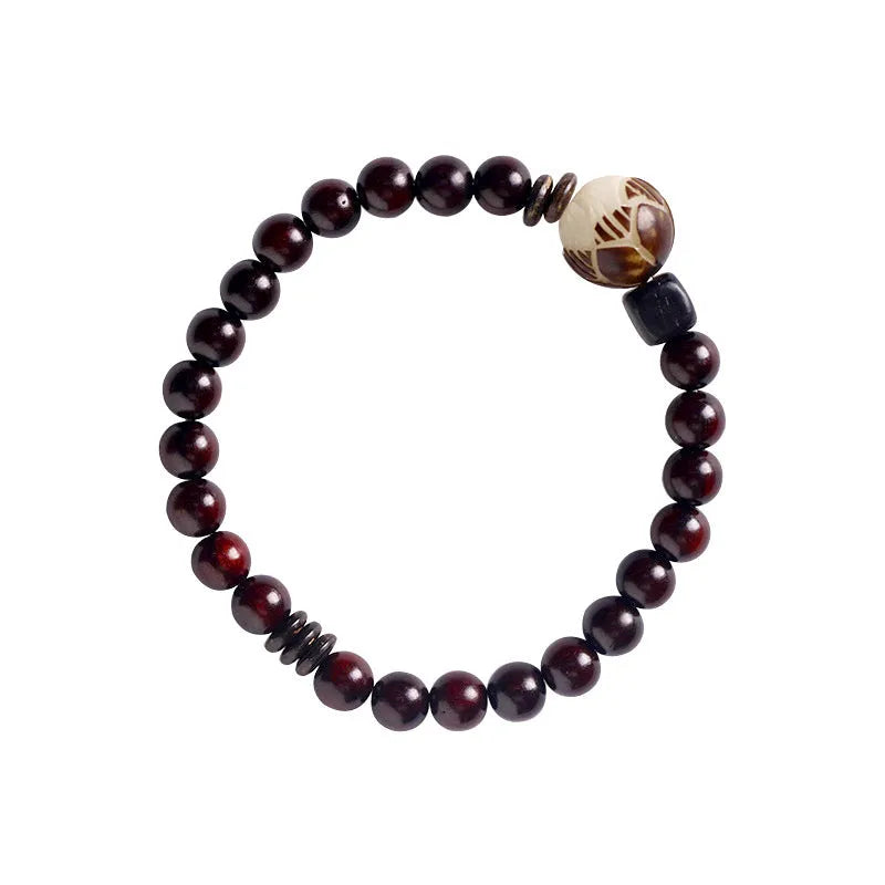 Rosewood double-ring bracelet with 10mm beads and retro floral pattern