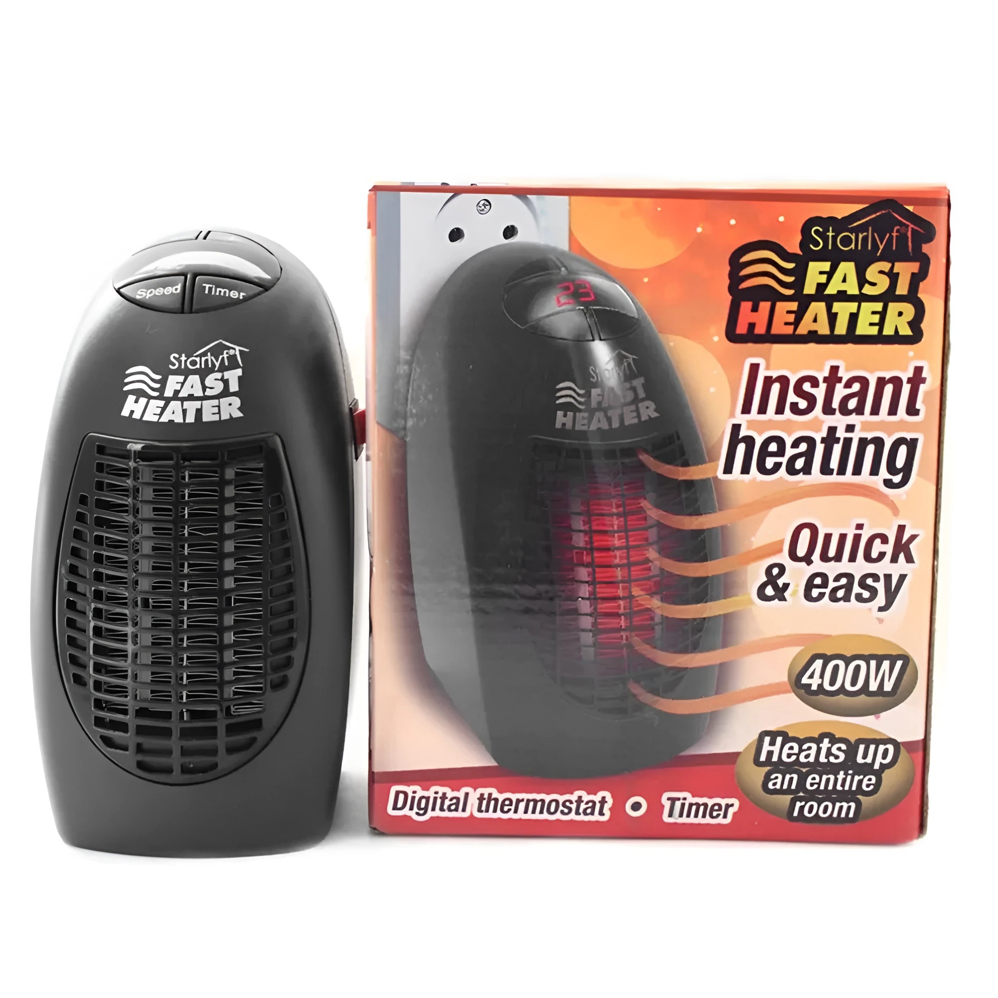 Black mini ceramic electric heater with digital display and rotating three-prong plug