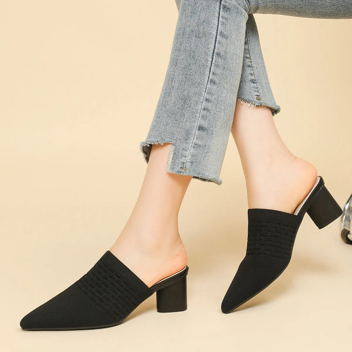 Women's pointed toe toe cap sandals with a chunky 5cm heel in a fishing line colour.