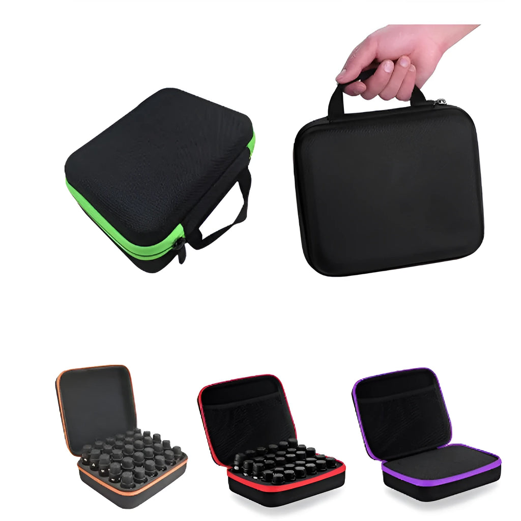 Red cube-shaped essential oil storage bag with 30 compartments for 15ml bottles, shown with zip open.