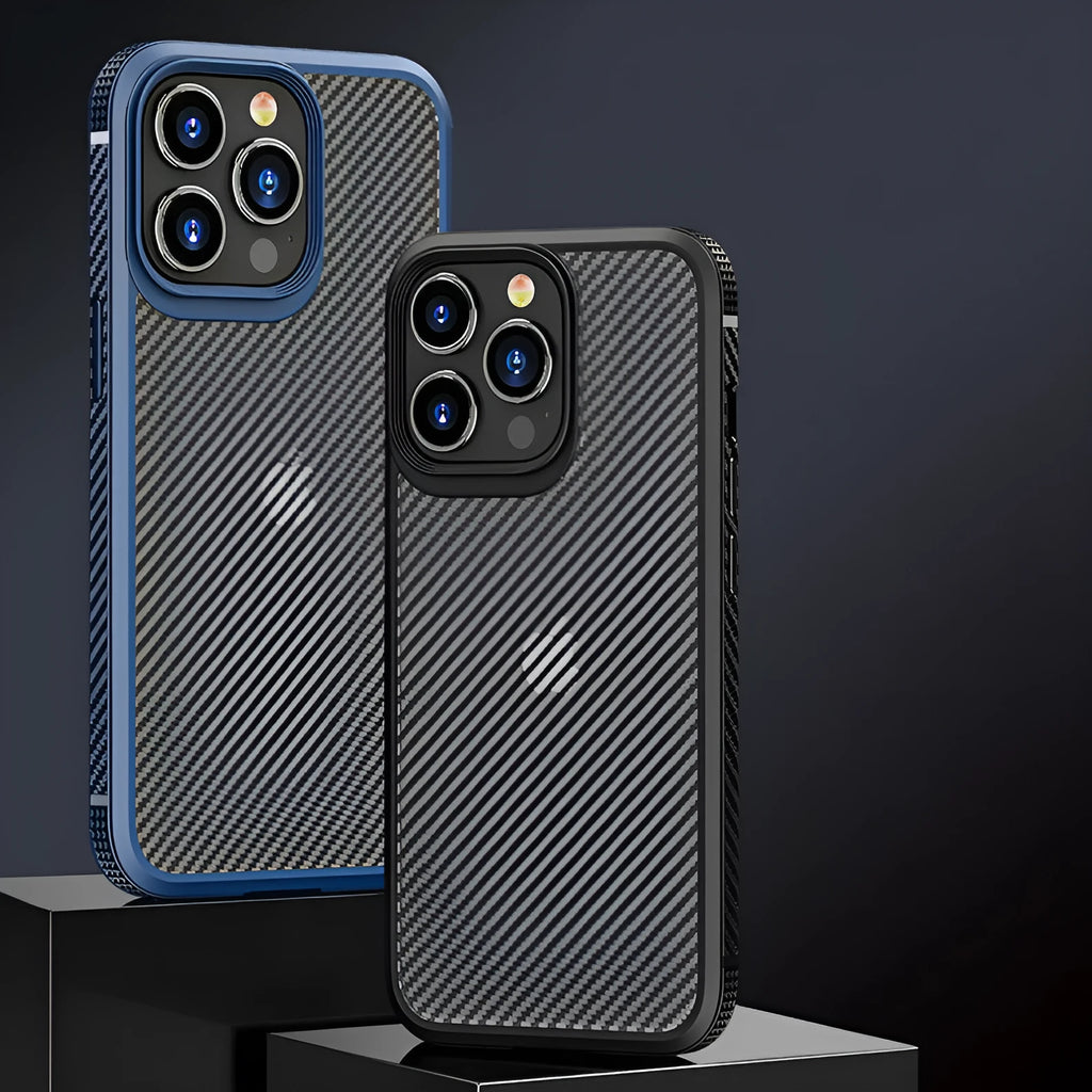 Black and blue anti-fall TPU+PC phone cases for iPhone 13 series with carbon fibre pattern.