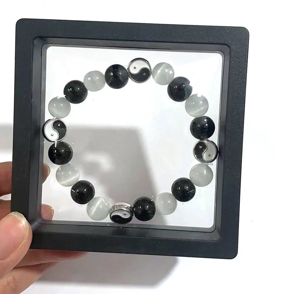 10mm natural opal Tai Chi bracelet with black agate ornamental elements in Chinese style