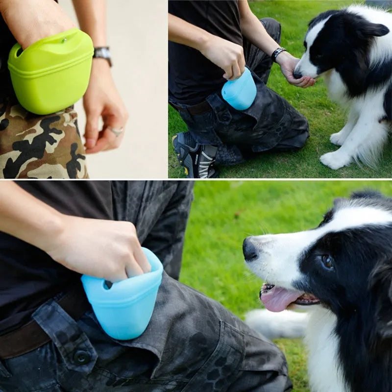Silicone dog treat training bag with clip for belt attachment and magnetic closure
