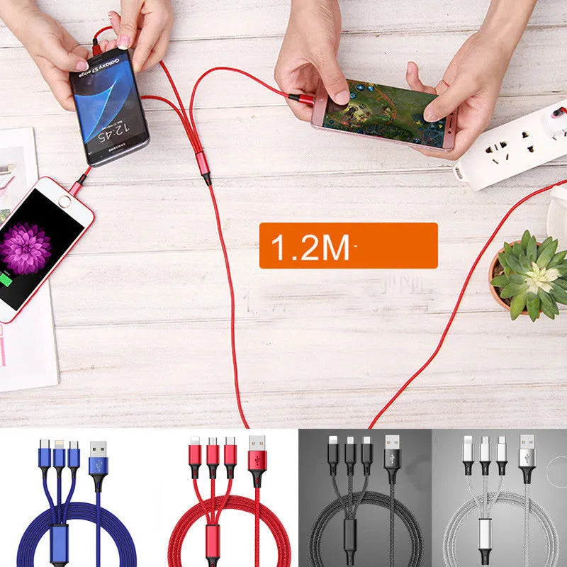 3-in-1 braided charging cable with aluminium connectors in multiple colour options including black, blue and red