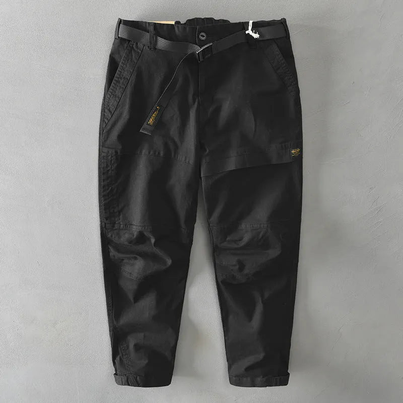 Men's casual cotton overalls in khaki with an elasticated waistband, shown in a loose fit.