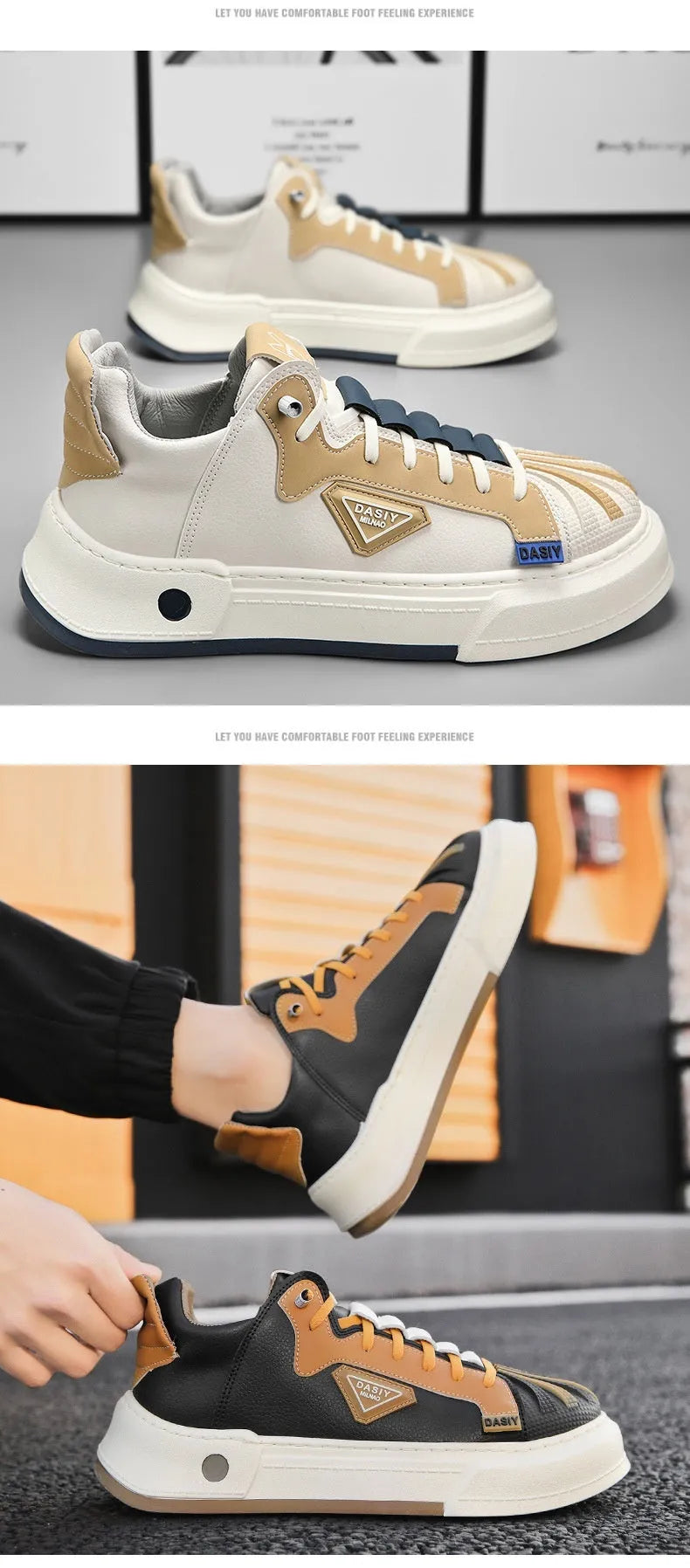 Men's beige low-top sneakers with elastic band closure and mesh lining