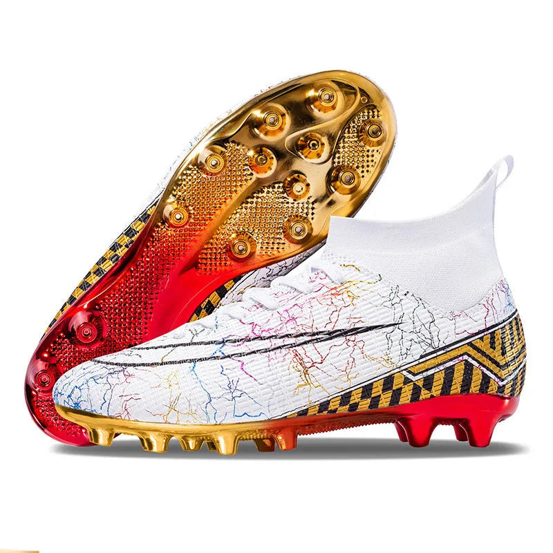 High-top soccer training shoes with gold plated soles and synthetic leather upper in mandarin duck colour