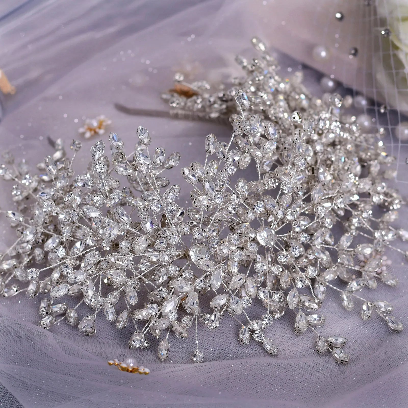 Heavy handmade rhinestone ice and snow queen wedding crown in silver with crystal beaded headband