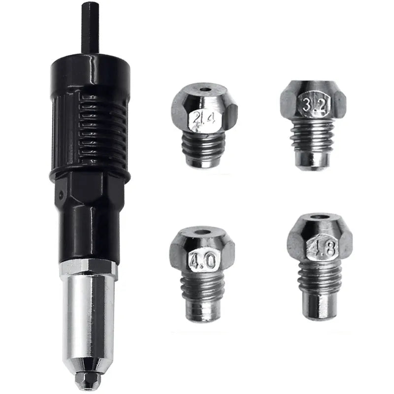 Black metal electric drill rivet gun with adapter and four rivet heads on a workbench.
