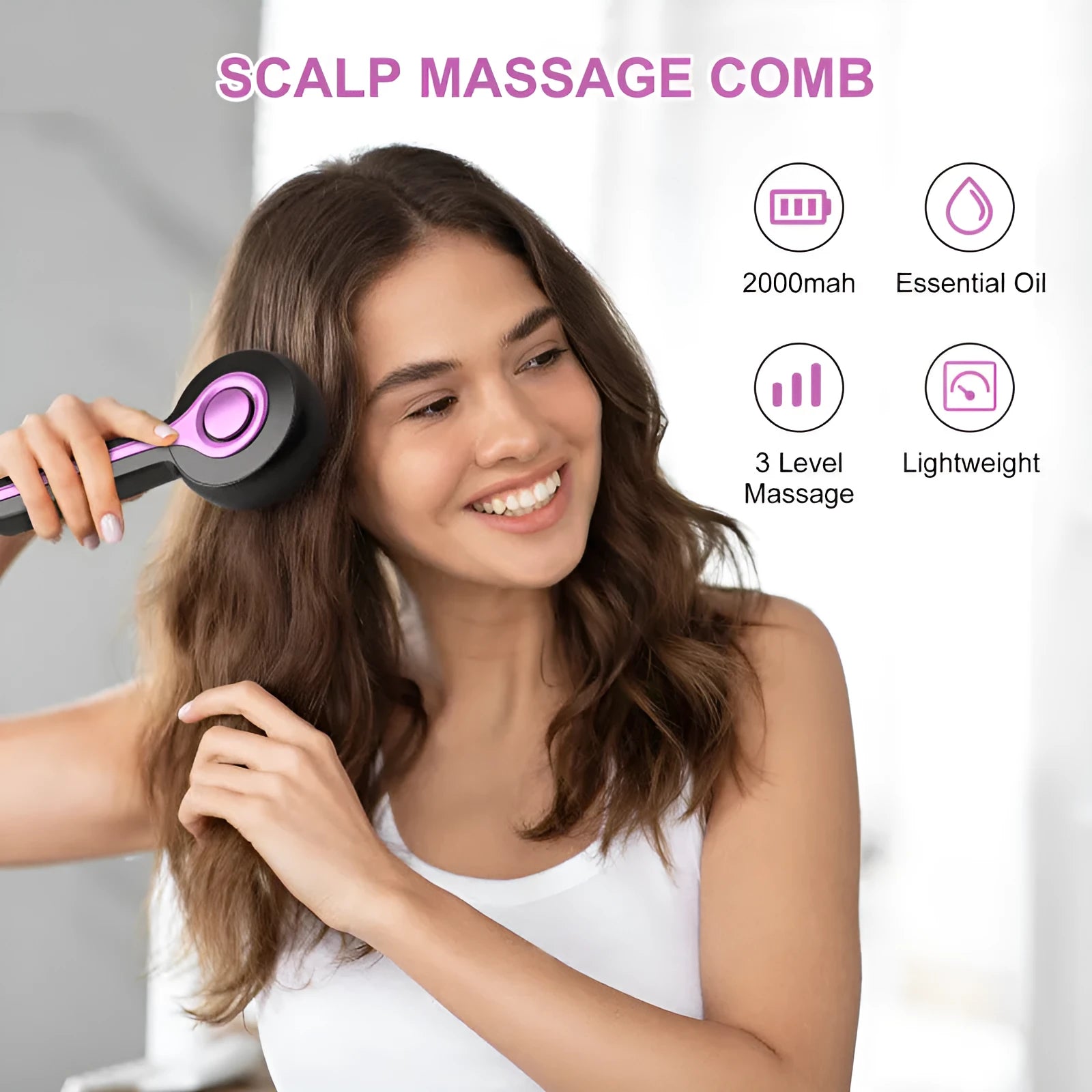 USB-powered head massage tingler comb instrument in grey, black or red with vibration massage and two speed settings