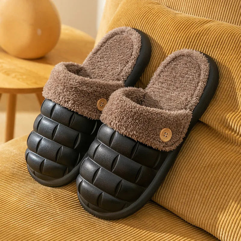 Plaid detachable EVA house slippers with plush lining, shown in pink for women.